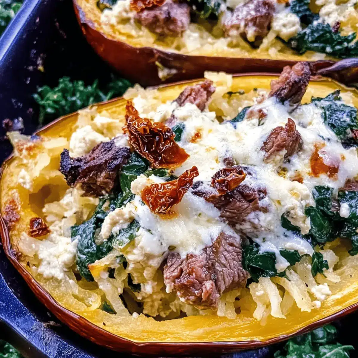 Keto Low Carb Steak Gorgonzola Alfredo Spaghetti Squash