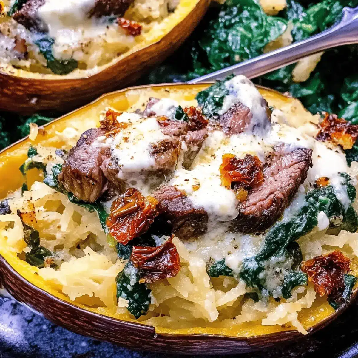 Keto Low Carb Steak Gorgonzola Alfredo Spaghetti Squash p9liza