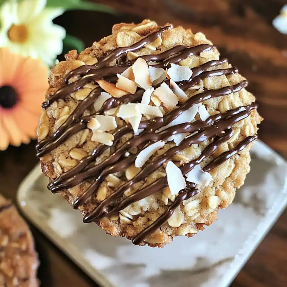 Oatmeal Cookies with Toasted Coconut and Chocolate Drizzle